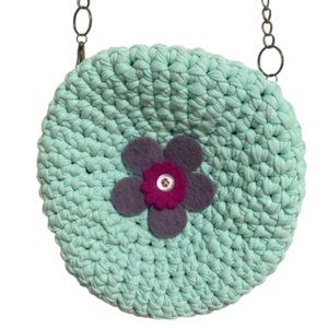 CROCHET Round Circle Purse Bag Teal with Flower and Chain